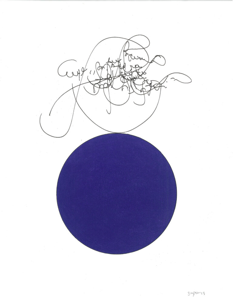 an ink and prisma color piece on paper of blue circle with a cloud of black ink calligraphic marks above it