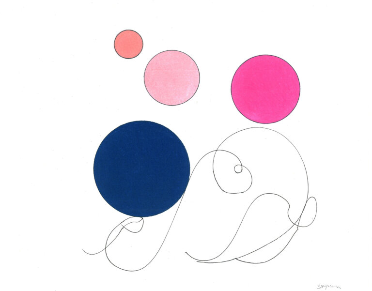 an ink and prisma color piece on paper of four circles scattered near a thin looping calligraphic line in black ink. the circles are colored in dark blue, bright pink, bubblegum pink, and watermelon pink