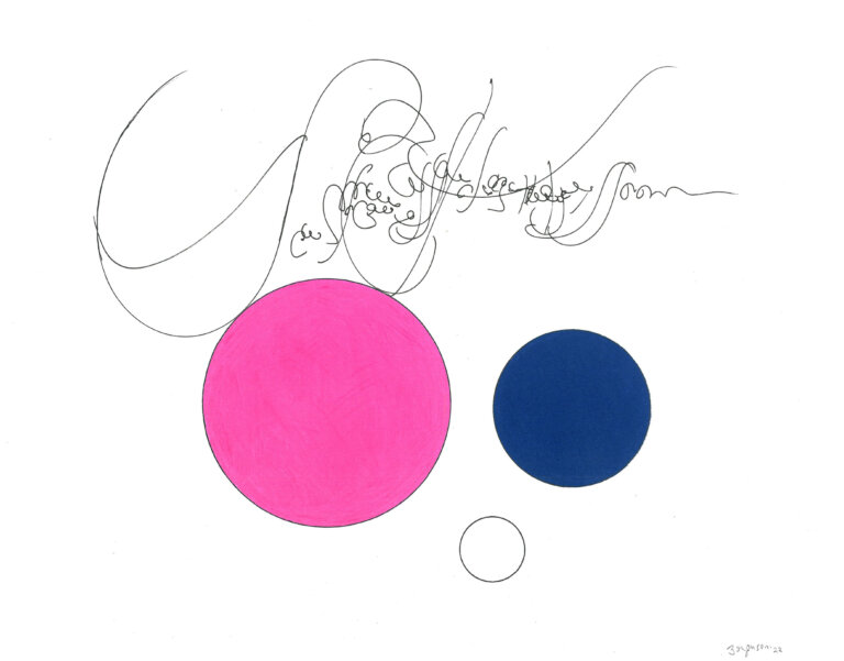 an ink and prisma color piece on paper of three circles scattered under a thin looping calligraphic line of script like marks in black ink. the circles are colored in dark blue, bright pink, and white