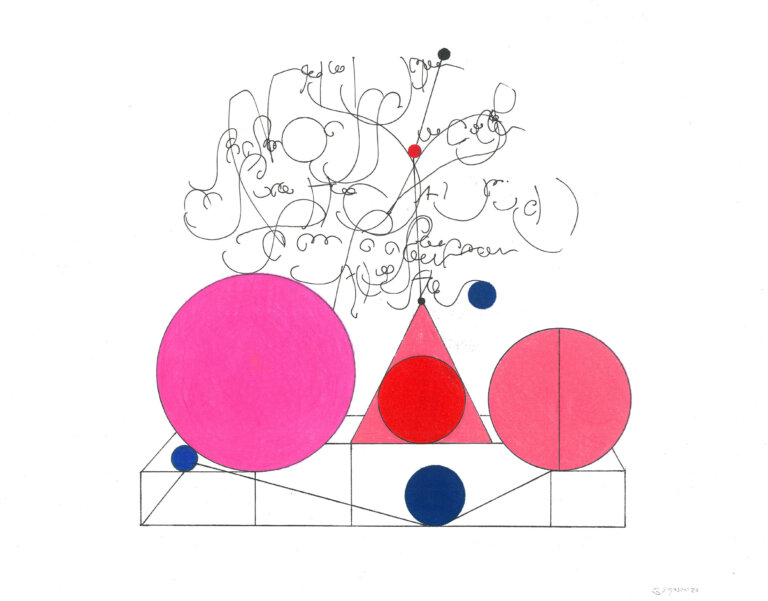 an ink and prismacolor piece on paper featuring a series of triangles and circles in shades of pink, red, magenta, and royal blue. above the shapes is a cloud of script-like marks in black ink. in between the marks is a small red circle and a small black circle, connected with a straight line.