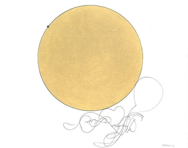 an ink and prisma color piece on paper featuring a large tawny circle. to the bottom left of the circle is a tangle of script-like marks in black in. on the outside edge of the circle there is a tiny black circle.