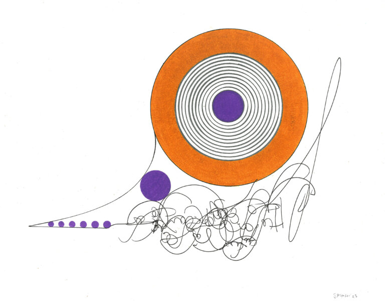 an ink and prisma color piece on paper featuring a large orange circle filled with black and white concentric circles. the center circle is a deep violet color. under the circles is a tangle of calligraphic script-like marks in black ink. there is a small violet circle in the tangle of ink, as well as a small horizontal row of six smaller violet circles