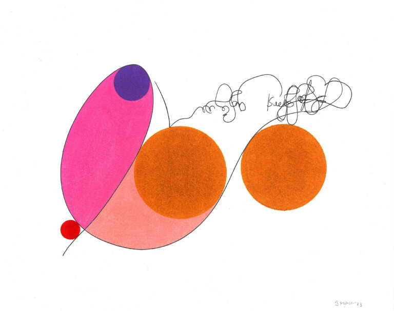 an ink and prisma color piece on paper featuring a bright pink ovular shape with a small violet circle inside. next to the pink oval is a peach colored ovular shape with an orange circle inside. there is another orange circle detached from the other shapes. there are small script-like marks to the top right of the shapes in black ink. to the bottom left of the pink ovular shape, there is a small red circle.