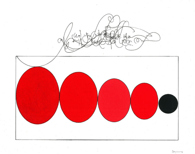 an ink and prisma color piece on paper featuring four ovals and a circle in a row inside a large rectangle. the ovals are descending in size; the largest is to the far left and the smallest is to the far right. the ovals are all a brilliant shade of red except for the far right, which is a solid black circle. there is a cloud of script-like marks in black ink above the rectangle.