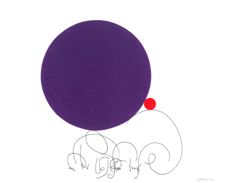 an ink and prisma color piece on paper featuring a large violet circle with a tiny red circle attached to its right side. below the circles is a line calligraphic marks in black ink