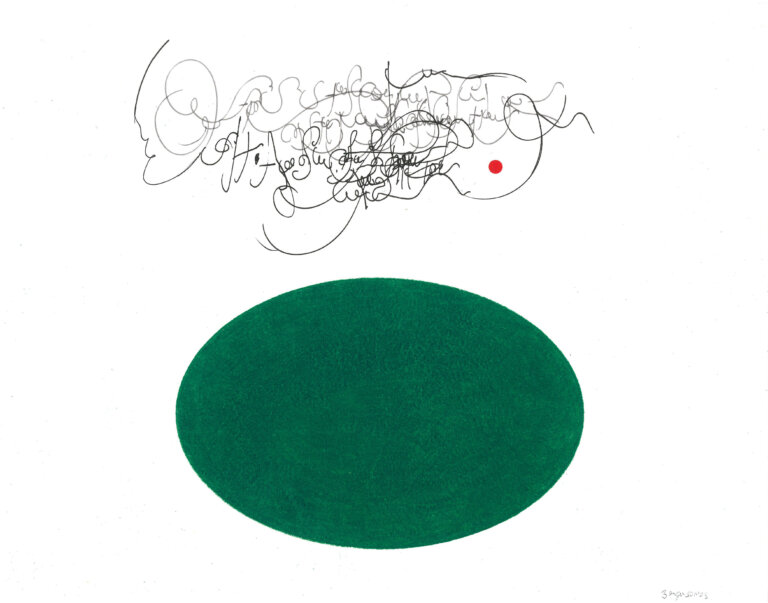 an ink and prisma color piece on paper featuring a large pine green horizontal oval with a cloud of script-like marks in black ink above it. there is a tiny red circle in the midst of the black ink, creating an interesting question: why is this red circle here?