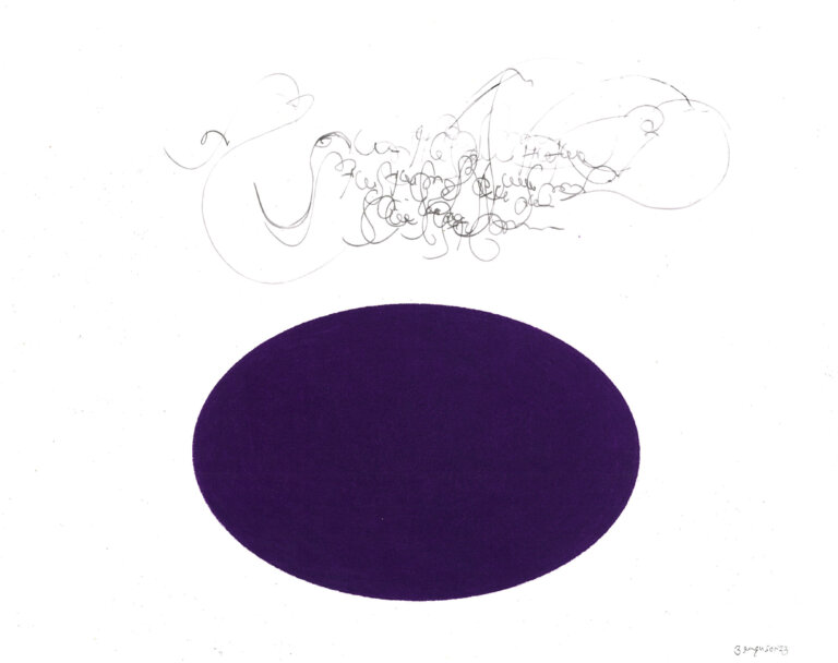 an ink and prisma color piece on paper featuring a large deep cool-toned purple horizontal oval with a cloud of script-like marks in black ink above it.