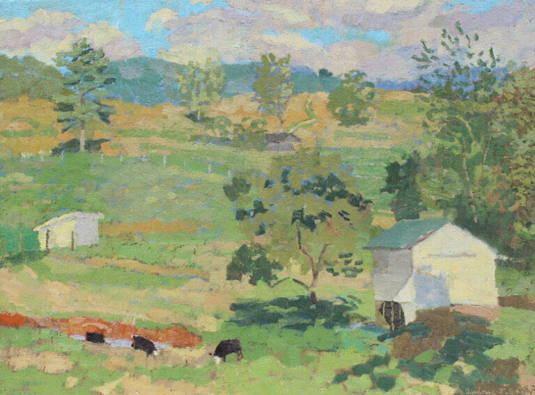an oil landscape on canvas depicting the serene green countryside as seen from providence presbyterian church. the rolling green hills give way to deep emerald and cobalt mountains below a bright blue sky with billowing gray, lavender, and cream-colored cumulonimbus clouds. the landscape is scatter with tall leafy green trees, small fences, and 3 black and white hereford cattle. there is a small white barn with a green roof to the right of the piece and a small white shed to the left.