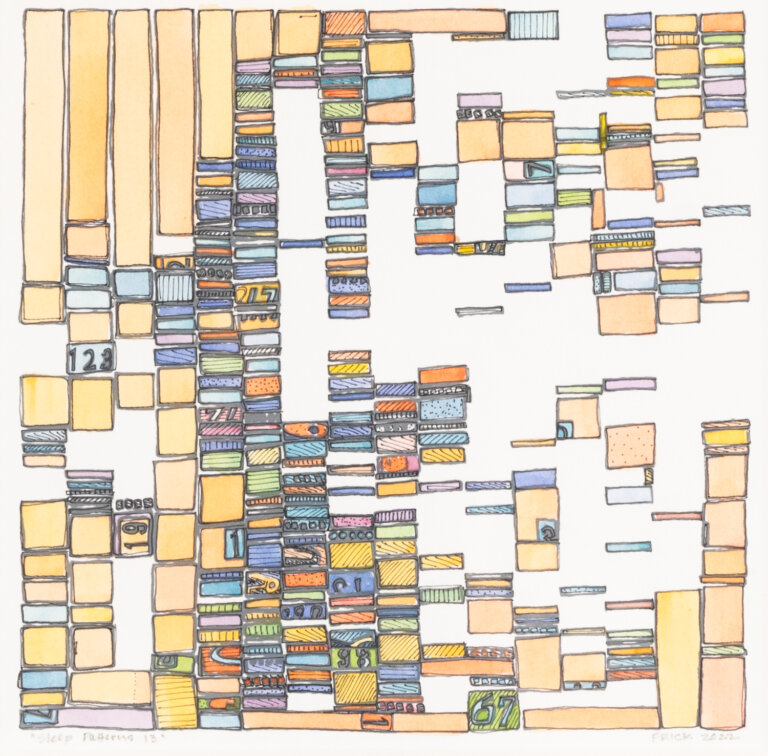 a watercolor and ink piece made with vertical columns of stacked rectangles of varying sizes. some are long, some are very thin. the main colors of this piece are pale oranges, cobalt, peach, and yellow. some rectangles are embellished with lines or dots or numbers. the piece as a whole serves as a sort of journal logging sleep patterns