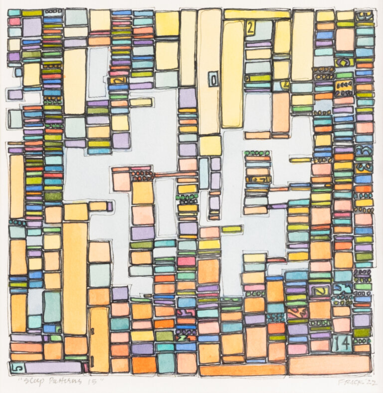 a watercolor and ink piece made with vertical columns of stacked rectangles of varying sizes. some are long, some are very thin. the main colors of this piece are pale oranges, cobalt, peach, and yellow. some rectangles are embellished with lines or dots or numbers. the piece as a whole serves as a sort of journal logging sleep patterns