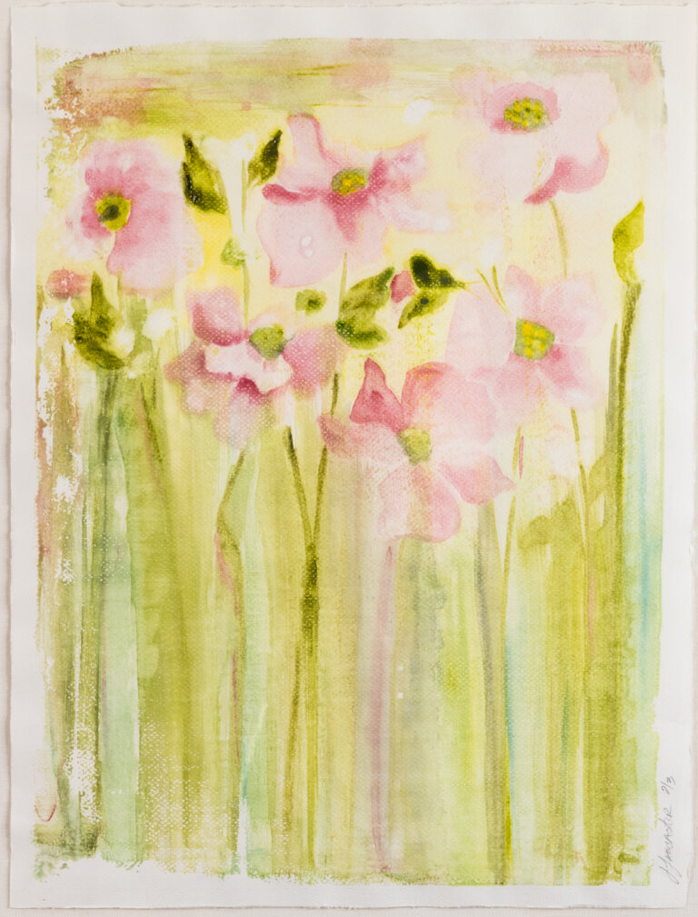 an abstract monotype on paper of a handful of rose-colored blossoms against a lime green background