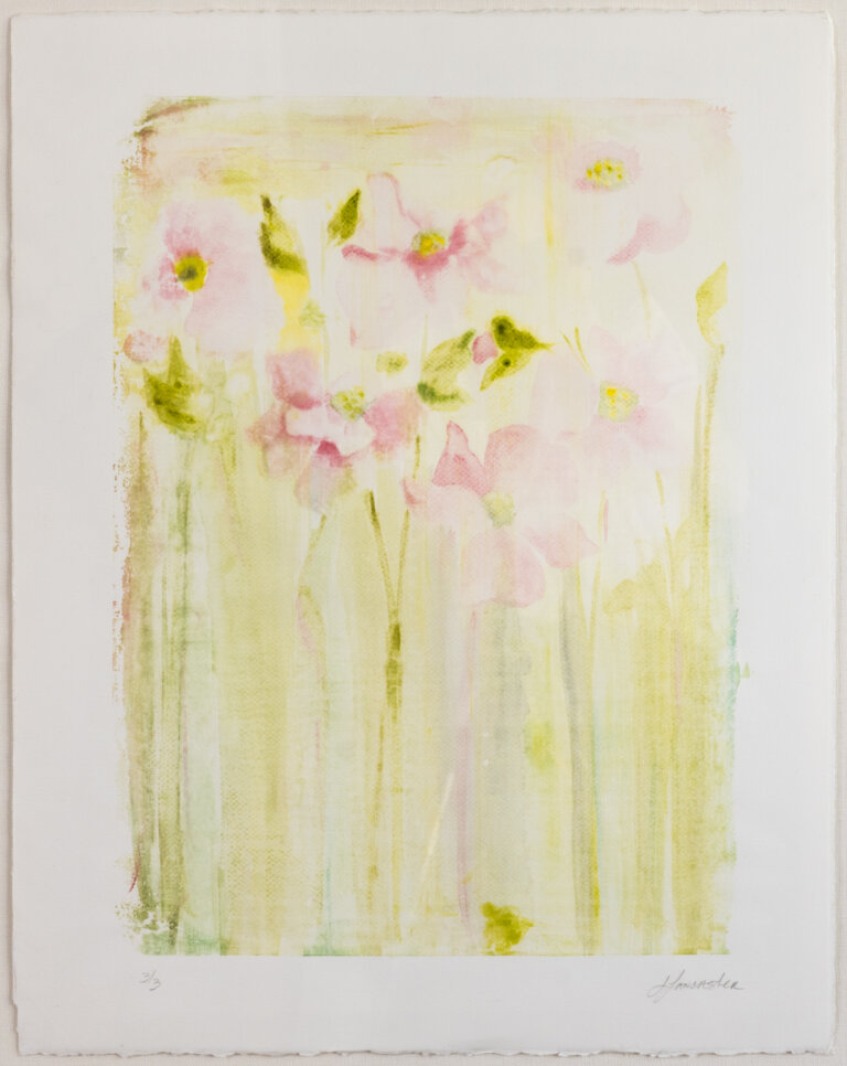 an abstract monotype on paper of a handful of rose-colored blossoms against a lime green background