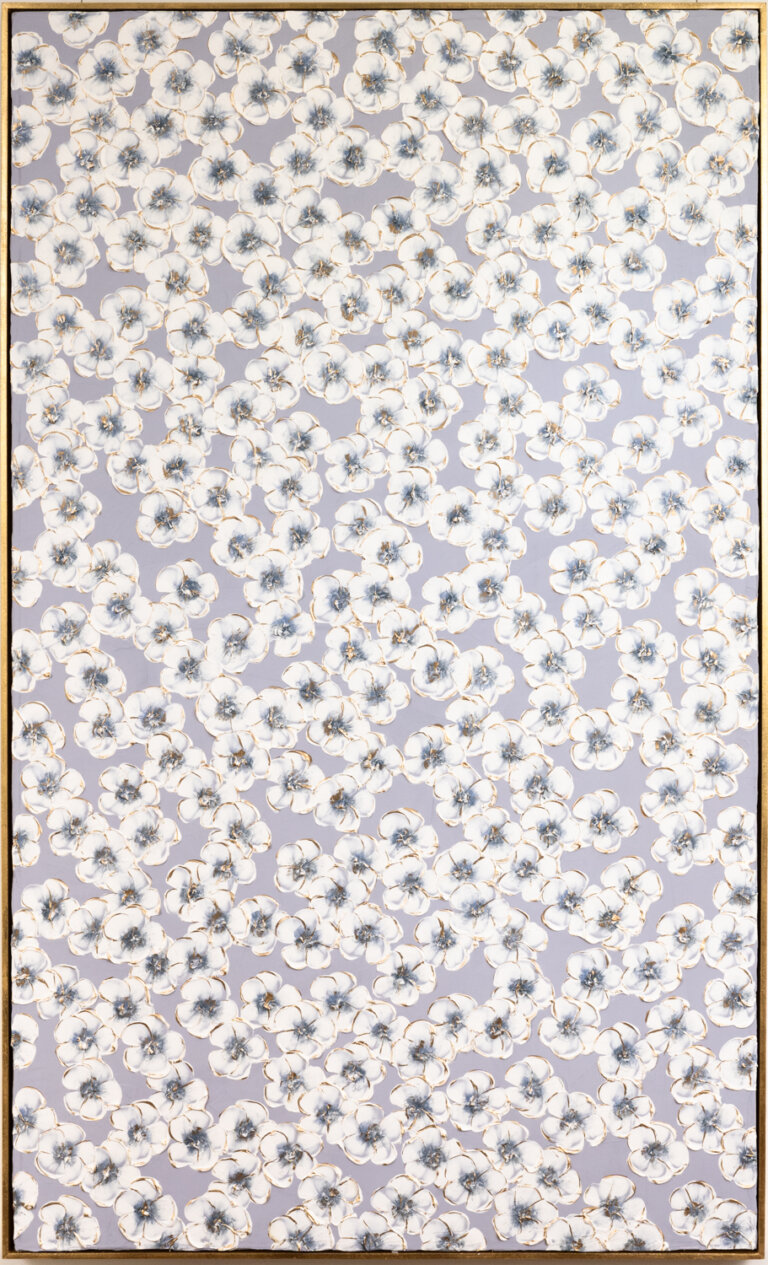 a mixed media piece on canvas of white flowers with dark blue-gray centers scattered on a lavender background
