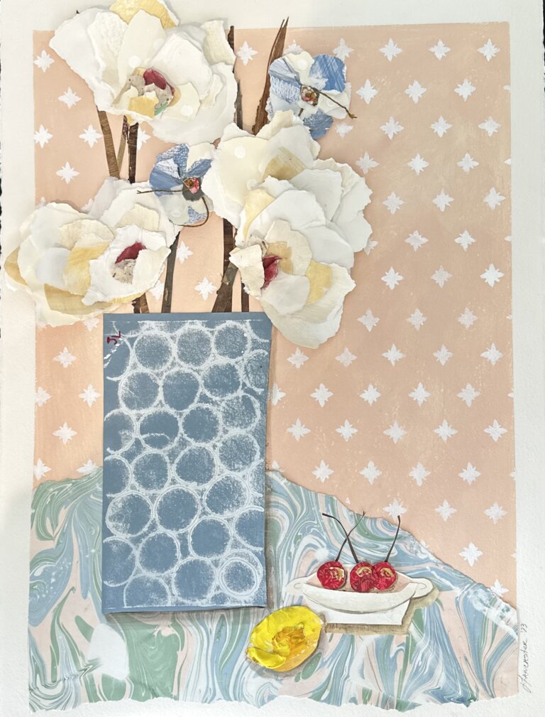 an abstract still life collage created with ripped pieces of paper. the background is peach colored with small white four-pointed stars arranged in a repeating pattern. the foreground has a piece of peach powder blue, and sage green marbled paper that represents a table on which rests a blue vase decorated with paler blue circles. the vase holds large white blossoms with red centers and pale yellow accent petals along with smaller blue and white blooms. on the table next to the vase is a small white dish with three bright red cherries sitting in it. next to the dish is a bright yellow lemon. the artist has made a play on the saying "when life gives you lemons, make lemonade" by titling her piece "when life gives you lemons, eat cherries."