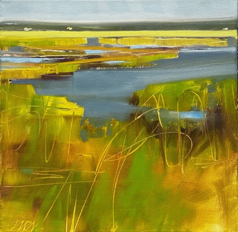 an abstracted marsh scene, with gray-blue water, swathes of green and yellow marshland, and a pale blue sky over a thin strip of dark olive green on the horizon