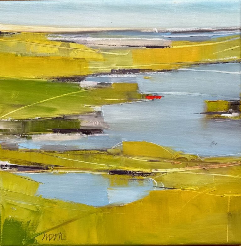 an abstracted marsh scene, with gray-blue water, swathes of green and yellow marshland, and a pale blue sky on the horizon. there is a small bright red vessel in the water in the center of the piece