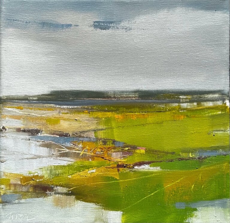 an abstracted marsh scene, with gray-blue water, swathes of green and yellow marshland, and a pale blue sky with large white clouds on the horizon.