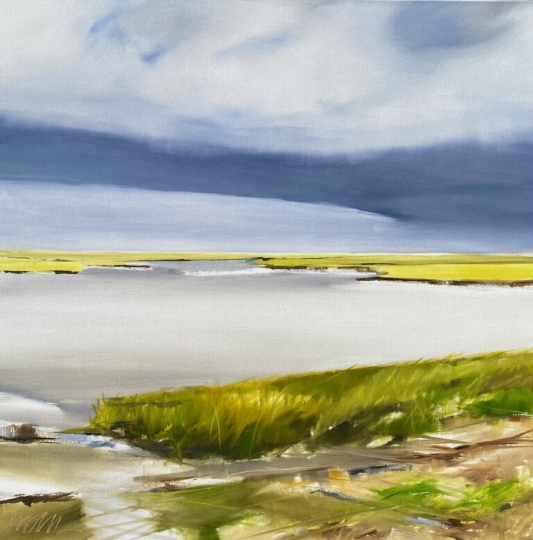 an abstracted marsh scene, with gray-blue water, swathes of green and yellow marshland, and a pale blue sky with large white clouds over a strip of lime green land on the horizon.