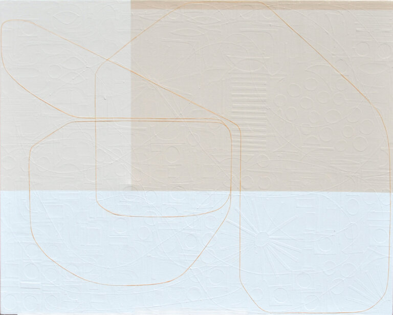 abstract piece in with hues of pale apricot, light tangerine, and white layered over cutouts of geometric shapes. a thin clementine orange line loops across the pieces, unifying the blocks of color. On the surface, this canvas appears as though it consists of orange lines that form three abstract shapes, atop geometrically straight rectangles, all applied by the stroke of a paintbrush. However, as you step forward the lines of these shapes disconnect from the canvas and you notice each was placed on by hand: using hand-cut, extremely fine thin strips of paper masterfully layered upon the canvas. Moreover, once this realisation sets in, you suddenly become aware of an entirely new layer of texture. Different hand-cut shapes of paper adhere to the canvas before any painting takes place. Creating a degree of texture and depth to delightfully unexpected.