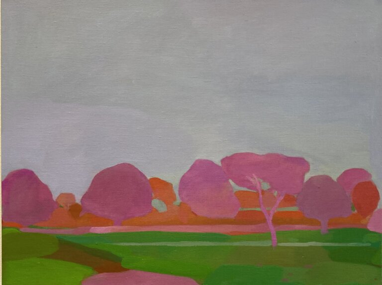 an abstract oil landscape on linen. this piece features a moody gray and lavender sky over a stretching green field. there are a handful of pink and orange trees growing from the field, dividing the sky from the green at the horizon line.