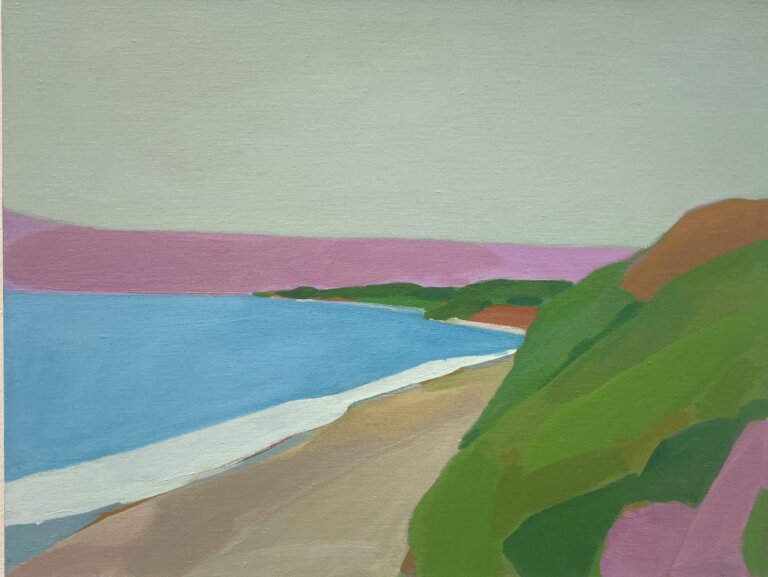 an abstract landscape painted in oil on linen. this piece features a white pale mint colored sky above a bubblegum pink hill sloping down towards a bright cool blue sea with white foam. in the foreground is a small tan beach in front of a green and brown hill.