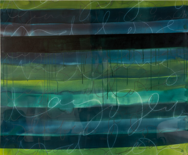 horizontal lines of green, blue, and black with faint white horizontal lines that are looping and squiggling across the painting