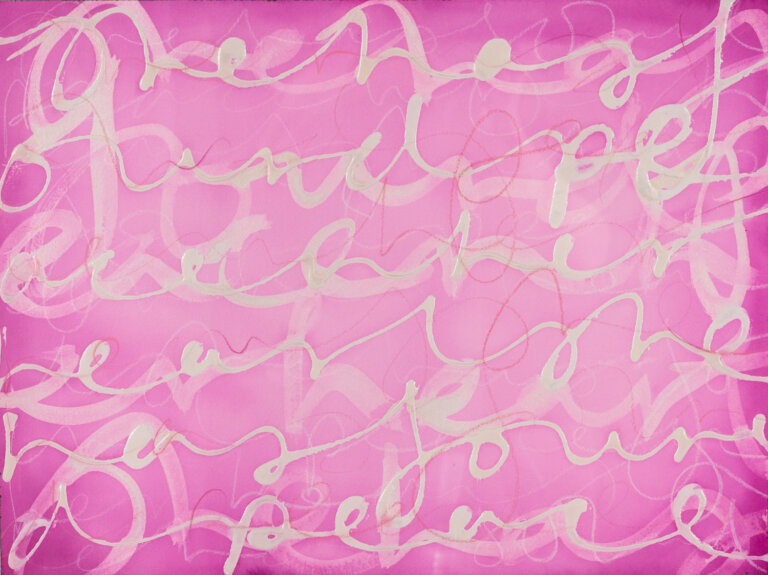 an abstract asemic piece on rice paper with hues of neon pink and magenta with a faded center