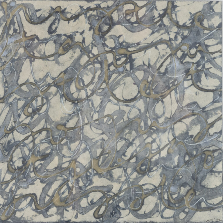 an abstract asemic piece on rice paper with hues of indigo