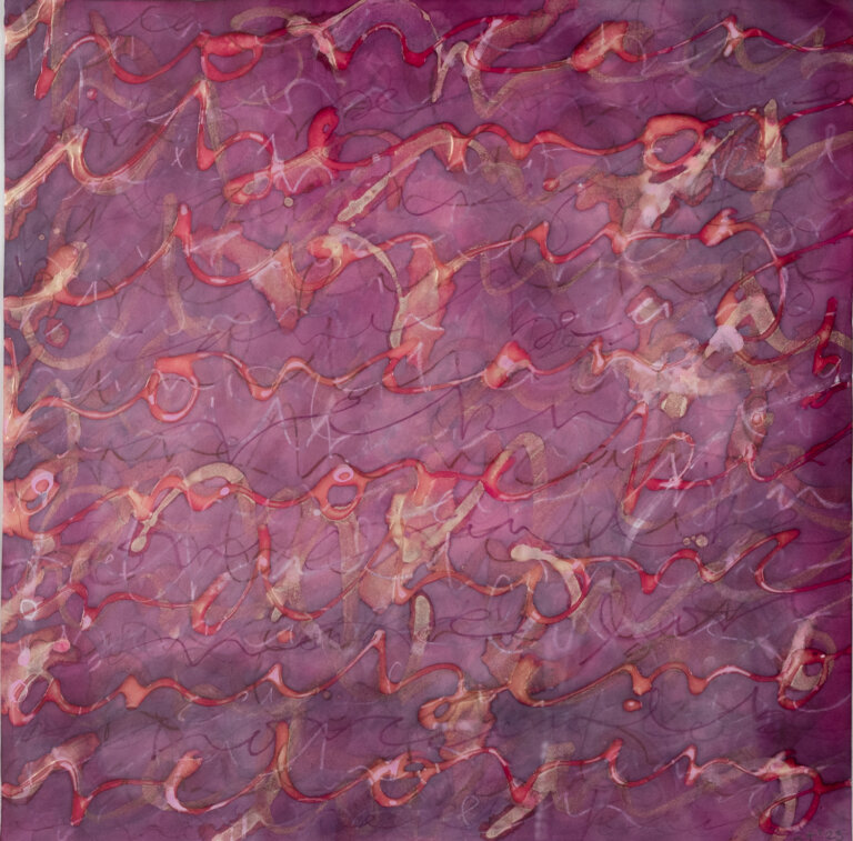 Mixed media on rice paper, endless loops and scrolls in white and purple and red and magenta on a magenta background with a faded center