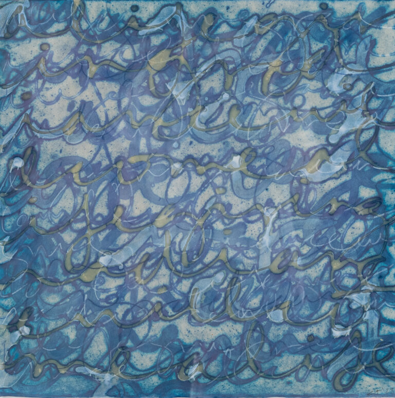 Mixed media on rice paper, endless loops and scrolls in white and blue and yellow on a blue background with a faded center