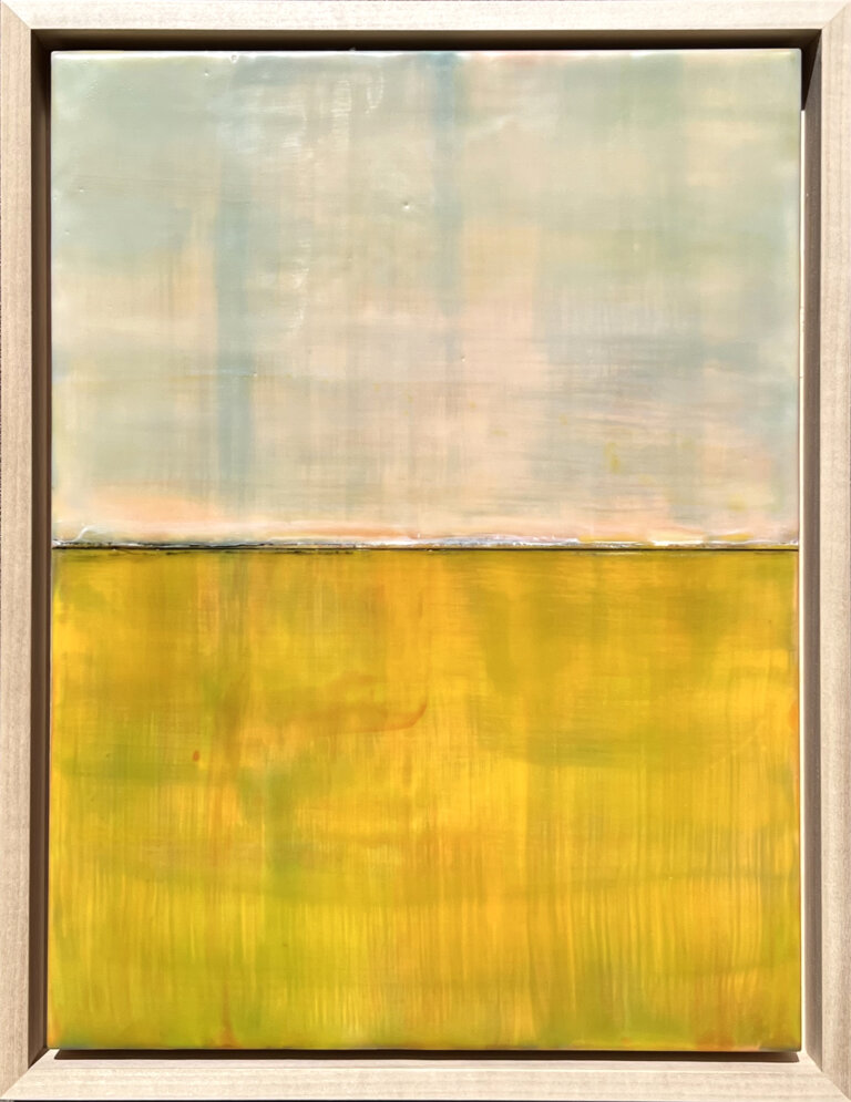 an encaustic piece where the top half is a pale mix of cyan and muted green-gray and the bottom half is a vibrant warm lemon yellow