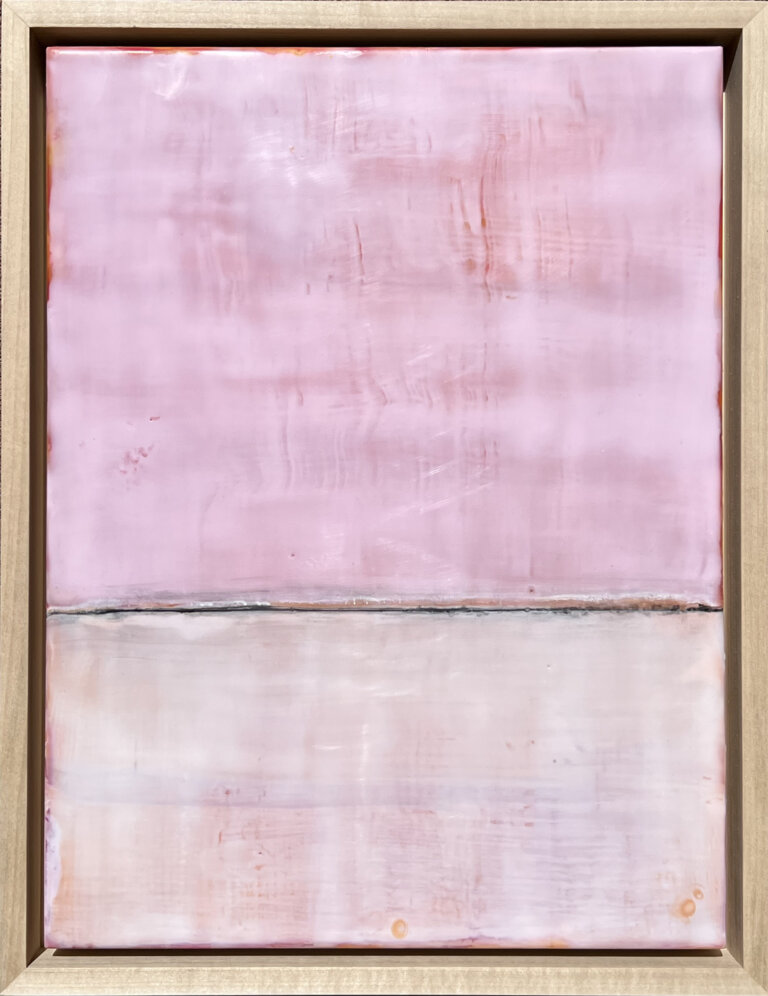 an encaustic piece where the top 2/3 is a rosy bubblegum pink and the bottom 1/3 is pale washed pink with an orange tint