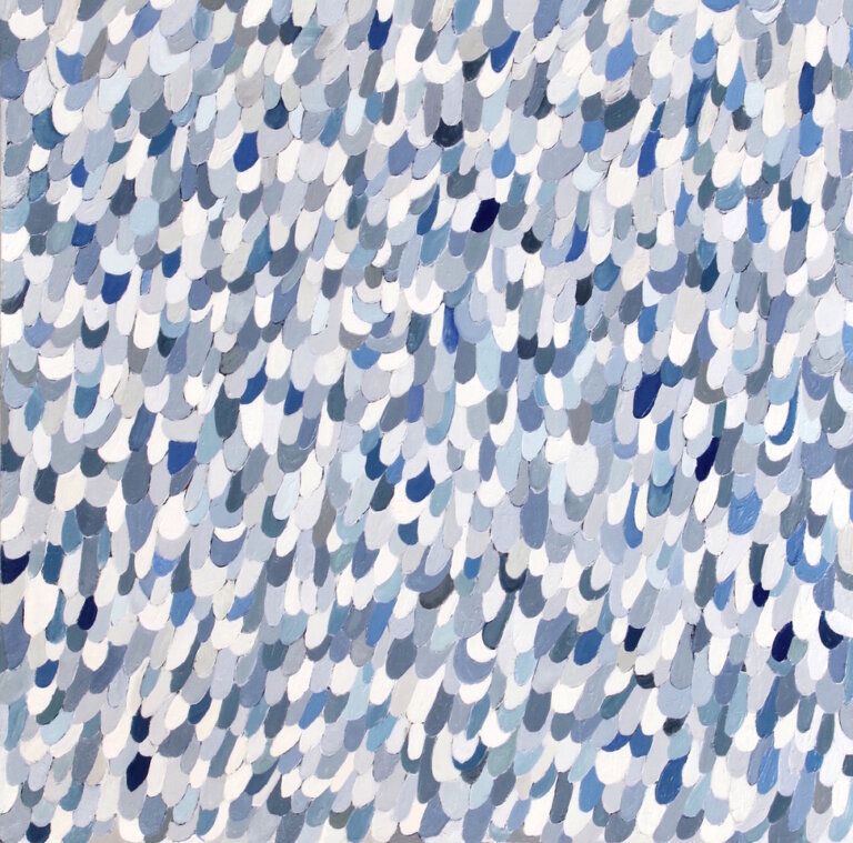 an abstract piece on canvas made up of overlapping scale-like brushstrokes. the paint is gray, blue, slate, white, navy, pale gray, and concrete colored.