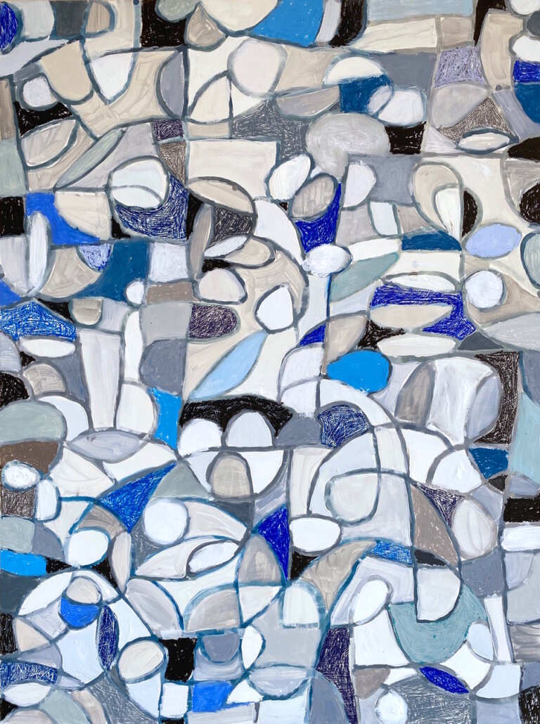 a mixed media piece consisting of several looping lines, right angles, ovals, and teardrop shapes in shades of pale gray, cream, white, slate, muted cyan, royal blue, electric blue, lavender, and sea navy. there is not a particular pattern but the piece has a familiar rhythm to it. the swooping lines and delicate right angles explore emotion and feeling in a way that feels new. the shapes discover hidden meaning and feeling through line, color, and form.
