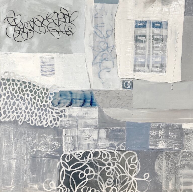 an abstract piece on canvas depicting several sections of pale tones. each section has something busy happening inside: some have white feather-like outlines, another has a line of small rectangles, another has a white floral line swirling through it, and another has a black squiggle mark. the colors of this piece are pale grays, white, slate, deep indigo, black, cream, and pale purple-blue. the divided sections all occurring on the same canvas denote a sort of business or multitasking. there is more than one thing to look at, so it forces the viewers mind and eyes to travel around the piece rapidly, yet it feels calming due to the nature of the muted color palette