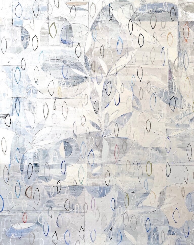 an abstract piece featuring a swirling mass of light blue and gray mandorla shapes repeated over and over in floral designs and there are lots of layers. there are