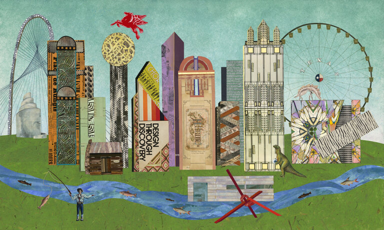 a mixed media collage of the dallas city skyline. the background is a minty aqua sky an a speckled green grassy ground with the trinity river winding through it in the foreground. among the building included are the texas state fair ferris wheel, reunion tower, the perot museum, chase tower, the red pegasus known as the unoffical mascot of the city of dallas, and big tex fishing in the bottom left corner