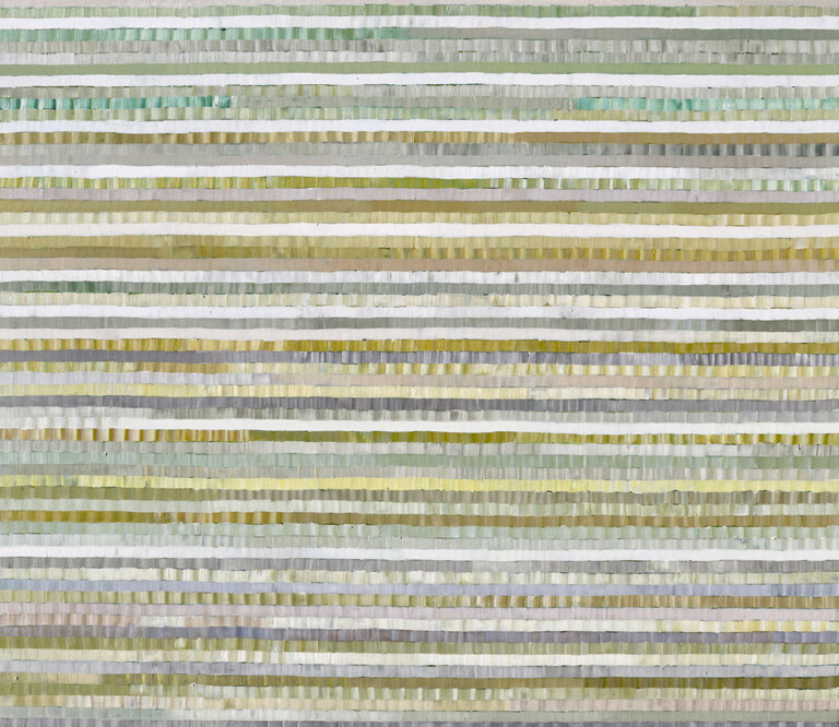 an abstract piece constructed of thin horizontal lines made up of small vertical brush stokes. each strip is a variation of a single color. the main colors of this piece are gold, slate gray, mint, pale green, white, and yellow