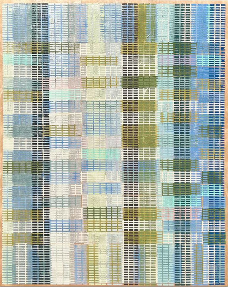 A work of mixed media on canvas, the painting is composed of a network of lines that cross each other to form a series of rectangles. This grid framework appears across the entire painting, the painting includes cobalt blue, steel grey, pale pink, fern, lime, olive greens, black, and more!