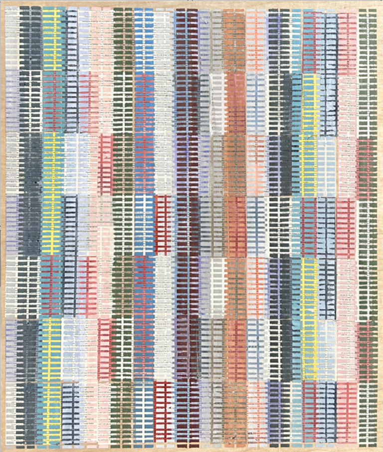 A work of mixed media on canvas, the painting is composed of a network of lines that cross each other to form a series of rectangles. This grid framework appears across the entire painting, the painting includes cobalt blue, steel grey, pale pink, peach, brick red, olive greens, citron, and more!