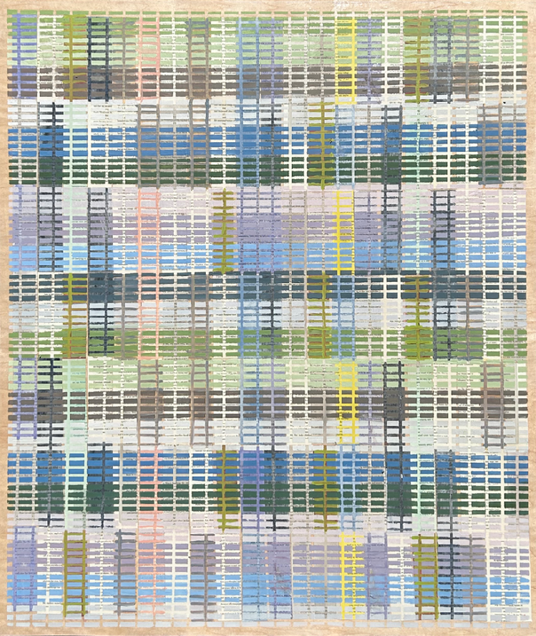 A work of mixed media on canvas, the painting is composed of a network of lines that cross each other to form a series of rectangles. This grid framework appears across the entire painting, the painting includes cobalt blue, steel grey, pale pink, peach, lime, olive greens, citron, dark periwinkle, and more!