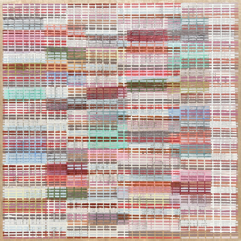 A work of mixed media on canvas, the painting is composed of a network of lines that cross each other to form a series of rectangles. This grid framework appears across the entire painting, the painting includes cobalt blue, steel grey, pale pink, peach, olive, mint greens, rose, dark periwinkle, and more!