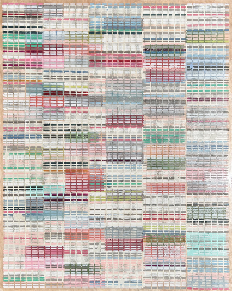A work of mixed media on canvas, the painting is composed of a network of lines that cross each other to form a series of rectangles. This grid framework appears across the entire painting, the painting includes dusty blue, steel grey, pale pink, peach, olive, mint greens, rose, dark periwinkle, and more!