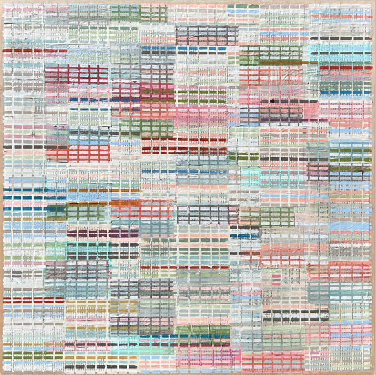 A work of mixed media on canvas, the painting is composed of a network of lines that cross each other to form a series of rectangles. This grid framework appears across the entire painting, the painting includes dusty blue, steel grey, pale pink, peach, olive, mint greens, rose, dark periwinkle, and more!