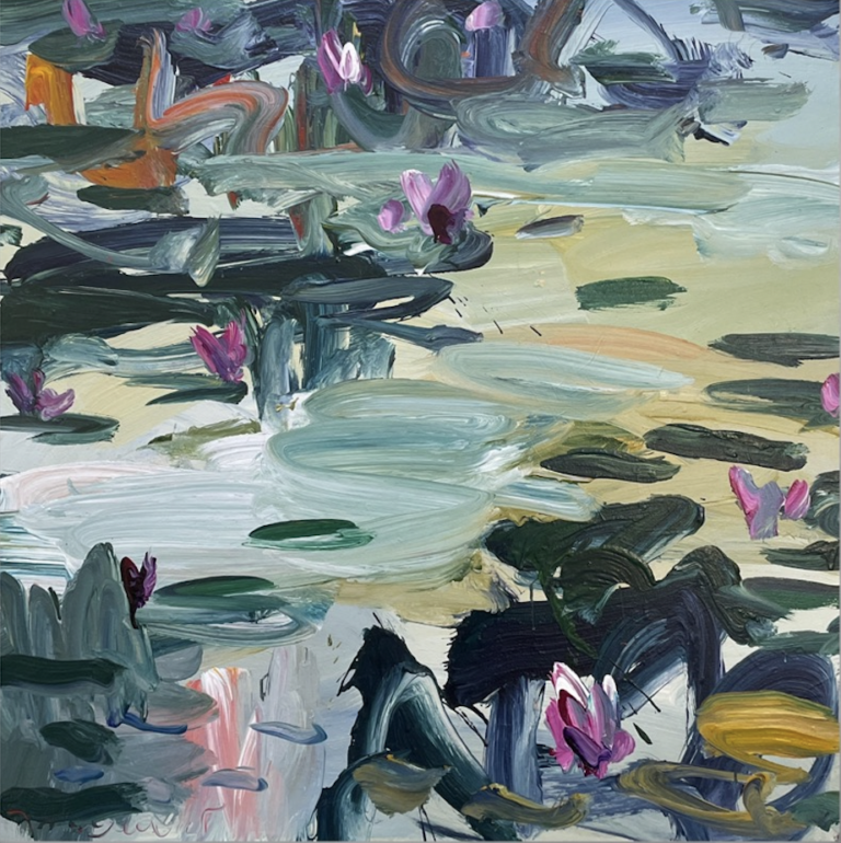 an acrylic piece on canvas of water lilies and lily pads painted in a haphazard way in deep teals and dark greens with orange accents. there are a few white and pink lily flowers throughout the piece