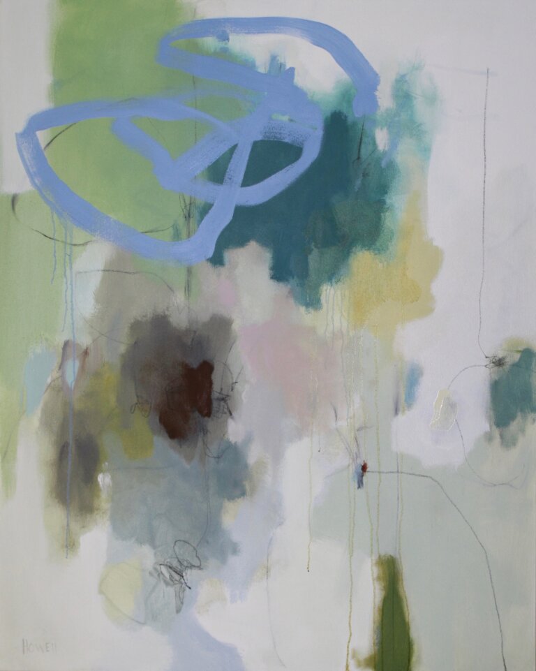 an abstract pale colored piece on canvas featuring blobs and swipes of green, teal, lavender, mint, chartreuse, and pale gray. there is a large looping blue ling at the top of the piece