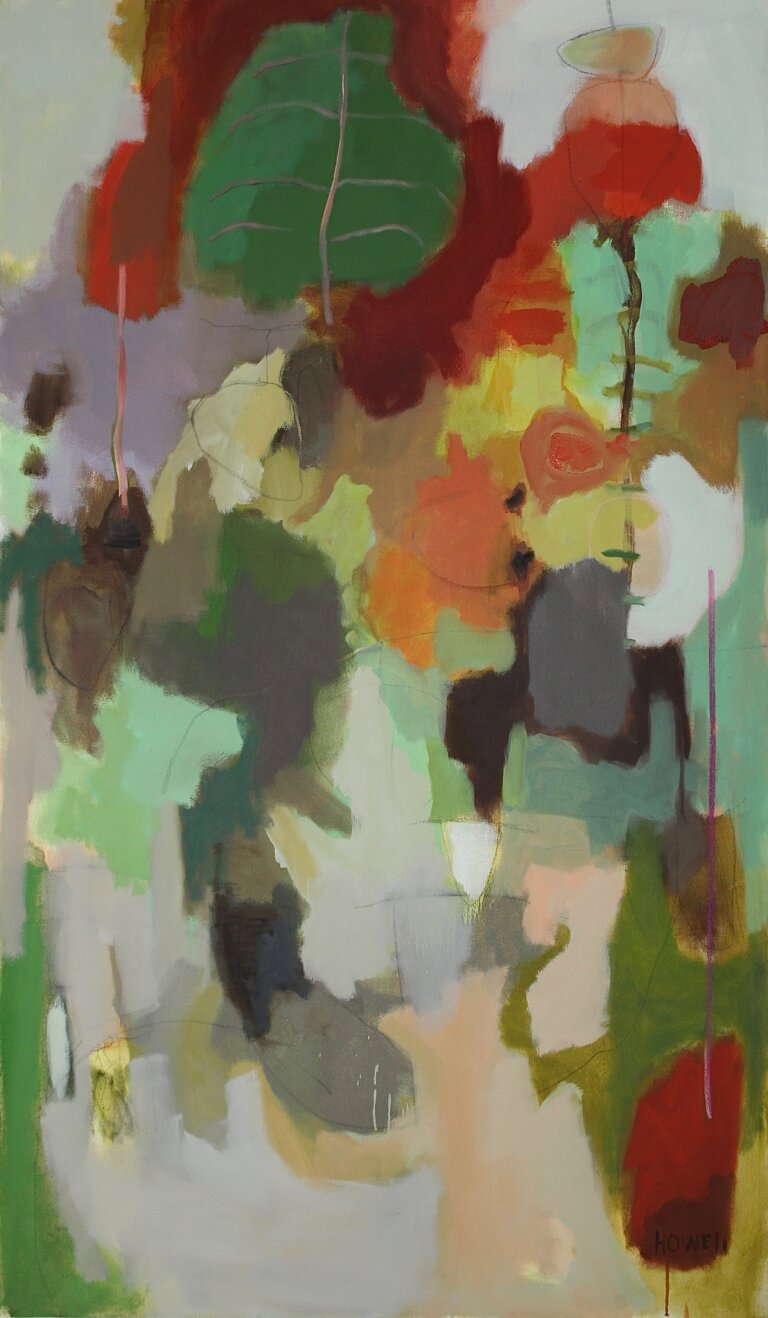 an abstract oil piece on canvas with scarlet, orange, mint, forest green, slate, burgundy, chartreuse, deep plum, and dark teal clumps of color. several pieces are painted to resemble leaves, with a central spine and thin branches.