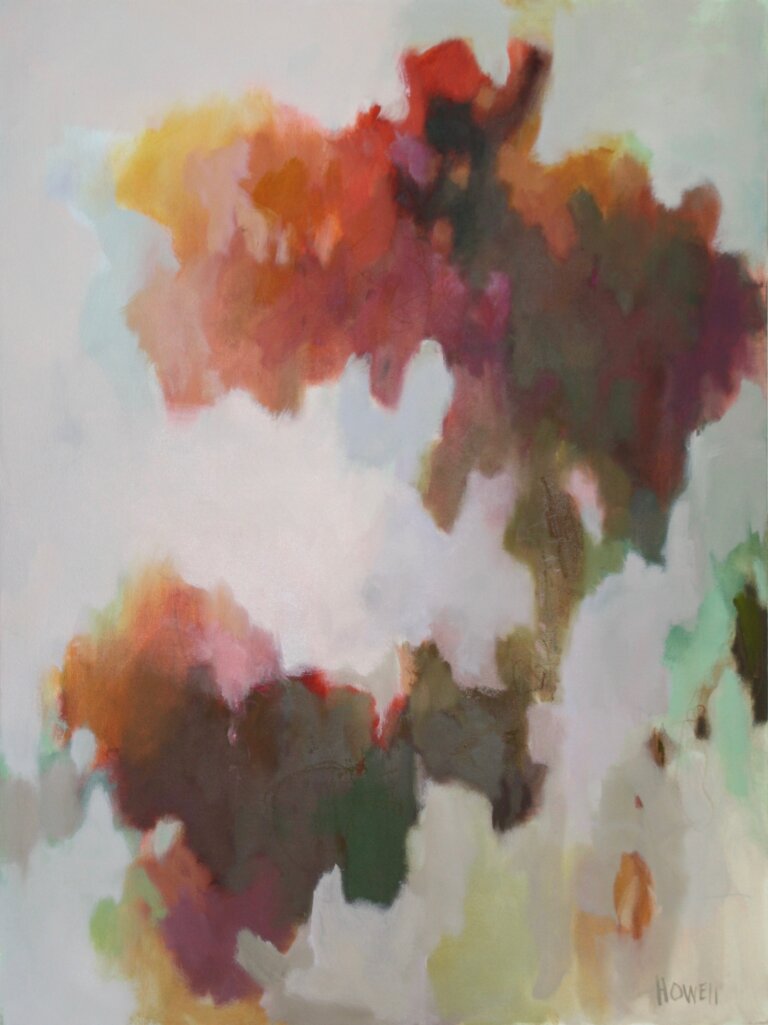 an oil piece on canvas with primarily pastel background with a multi colored abstraction on the canvas in a leaf-like pattern in deep reds, maroons, greens, and browns