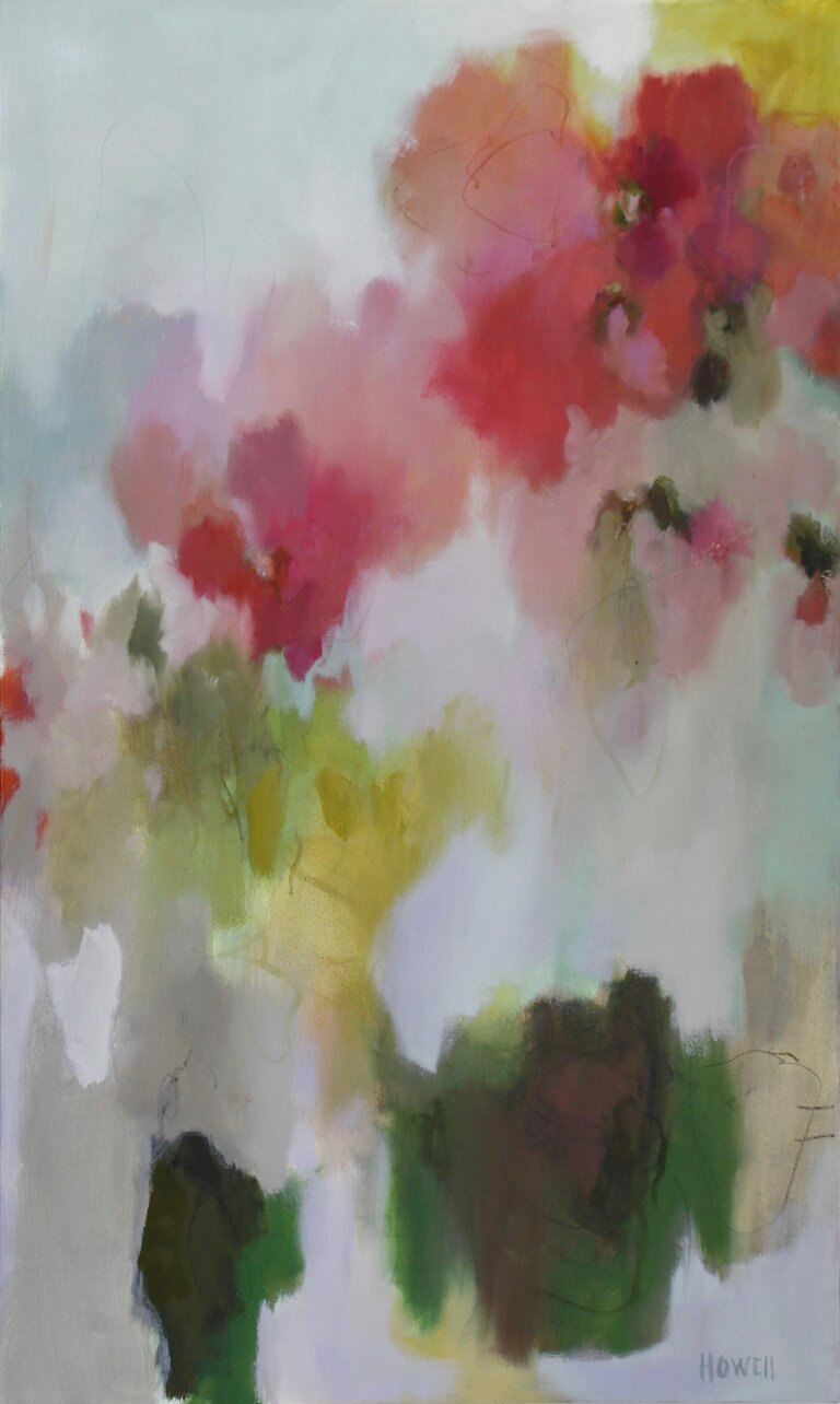 an oil piece on canvas with primarily pastel background with a multi colored abstraction on the canvas in a leaf-like pattern in bright reds, blush, pale lavender, golden yellow, maroon, green, and sepia