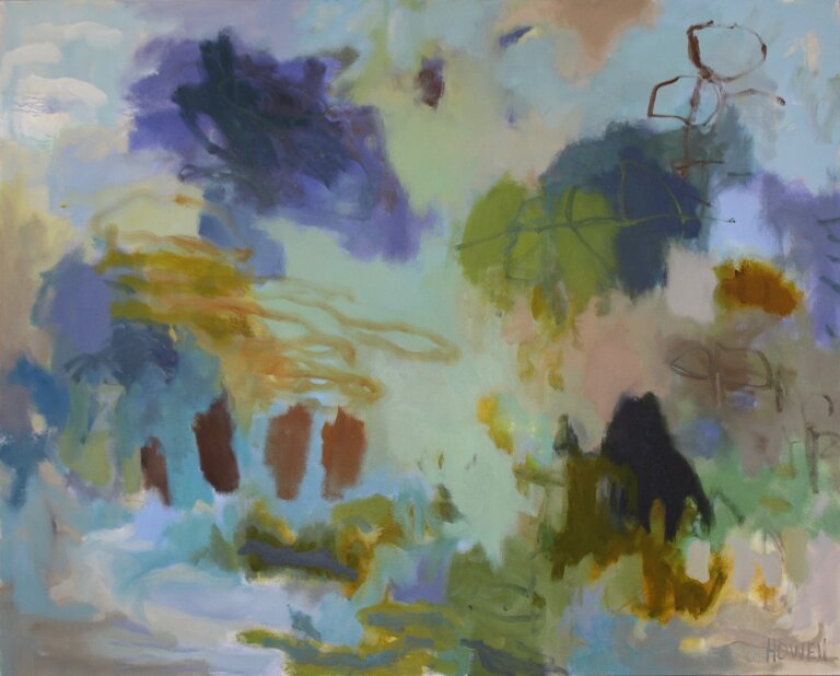 an abstract oil piece on canvas with large clumps of color in violet, sap green, brunt orange, deep plum, peach, goldenrod, and powder blue. the background is mostly pale mint green and periwinkle. there are scratchy botanical suggestions in dark brown, deep gold, and sage green